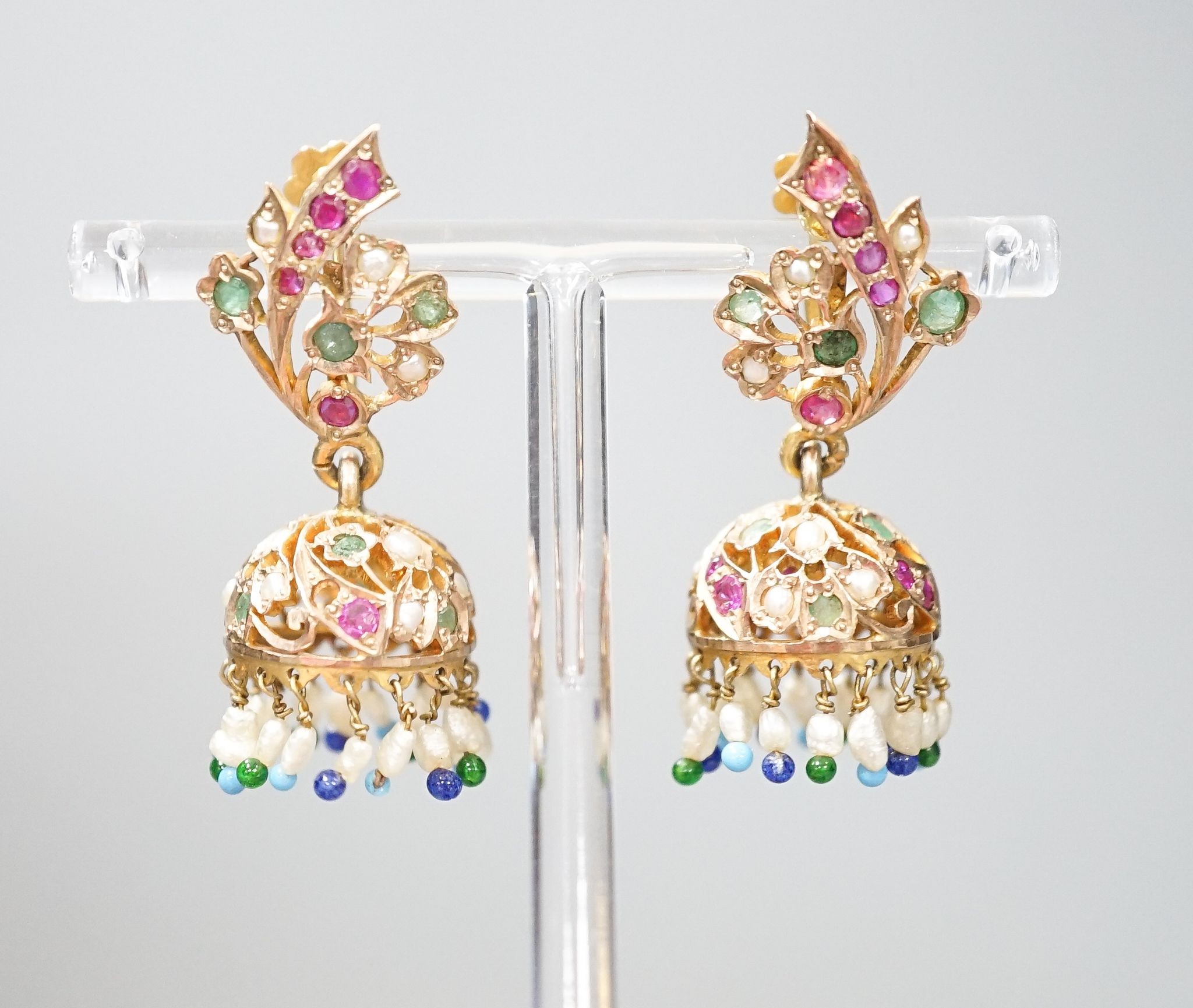A pair of Indian? yellow metal and multi-gem set drop ear clips, 41mm, gross weight 13.2 grams.